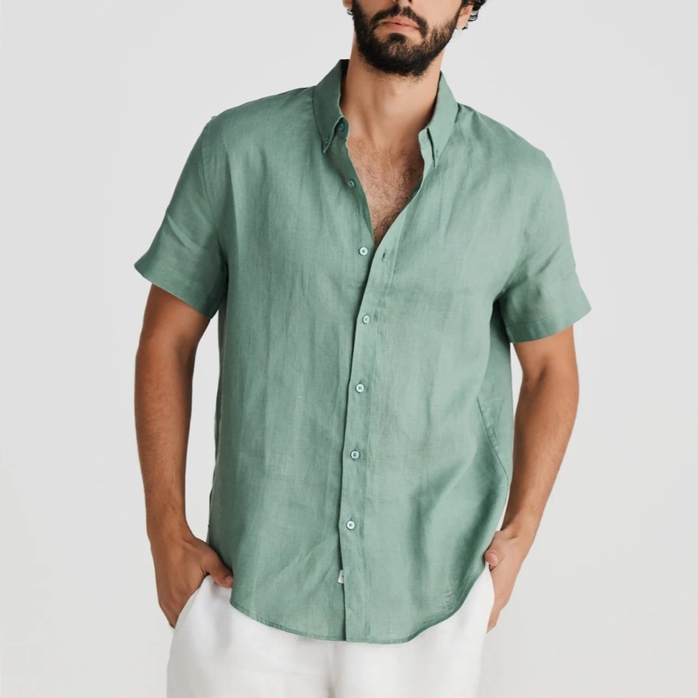 NWT Vacay Swimwear S/S Linen Shirt Medium Green Resortwear